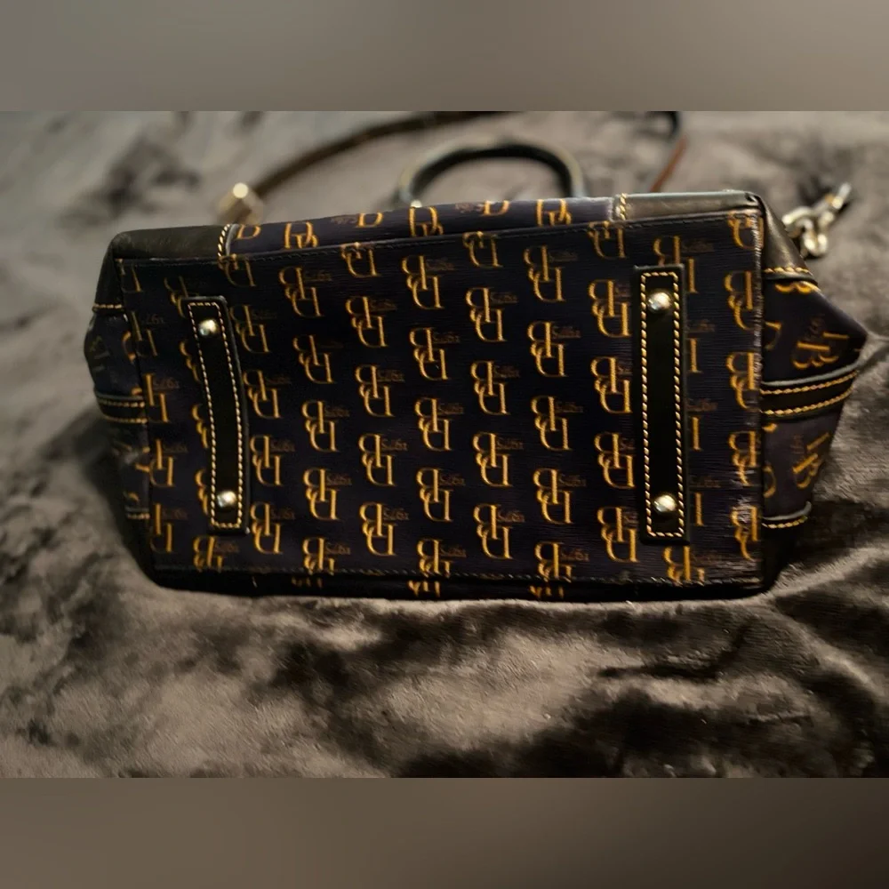 Dooney Bourke Monogram Pattern Navy and Brown Satchel Handbag - Picture 14 of 15
